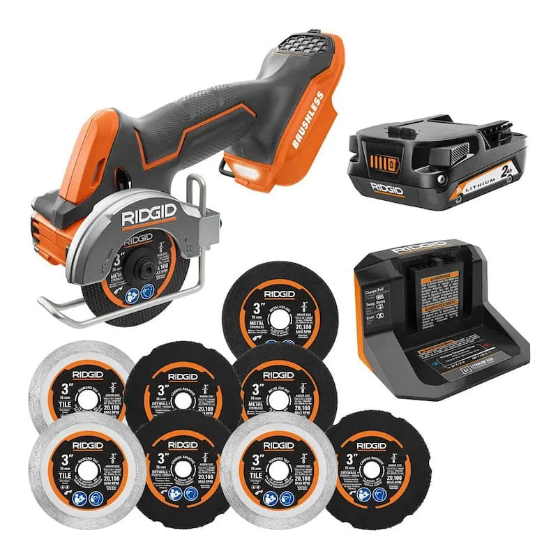RIDGID Multi-Material Saw Kit, 18V, 3 po, sans fil de conception compacte et portable, 2. 0 Ah batterie, roues de coupe, sans brosse, 3 in, 2.0 Ah