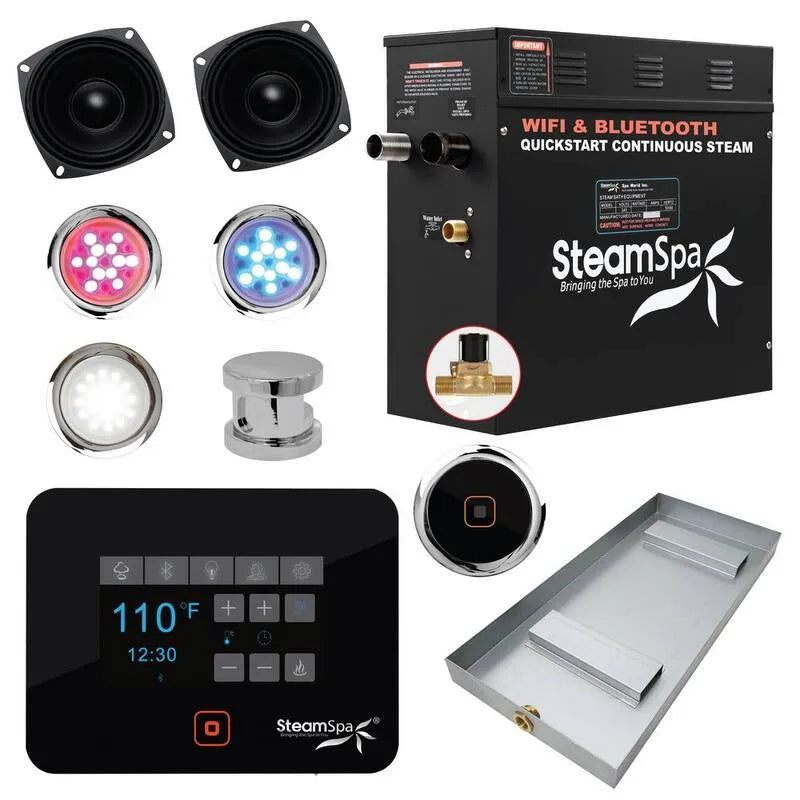 Série 9, 9kW, Bluetooth, Wifi, Générateur de bain à vapeur de kW noir avec fonctionnement sans fil Bluetooth/Wifi et égouttage automatique dans Chrome poli