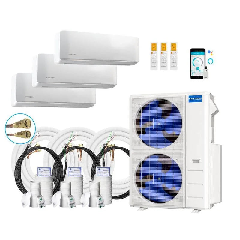 3-Zone 35ft MRCOOL Système de mini-découpage sans conduit MRCOL 4-Ton, 20, 5 TRÉS, 42000 BTU, 35 pieds, 3 zones, 12K, 18K, 42,000 BTU, 35,35ft, Blanc, Systèmes multisplit