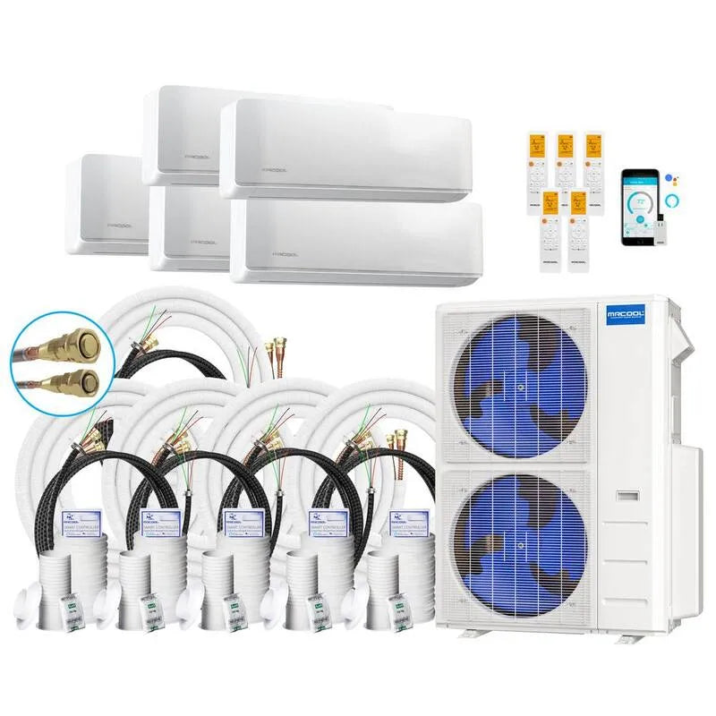 MRCOOL 4-Ton Mini système de partage sans conduit, 20, 5 TRÉS, 45000 BTU, 50 pi, 5-Zone, 50 pi Lignes, 45,000 BTU, 50,50 ft, Blanc, Systèmes multisplit