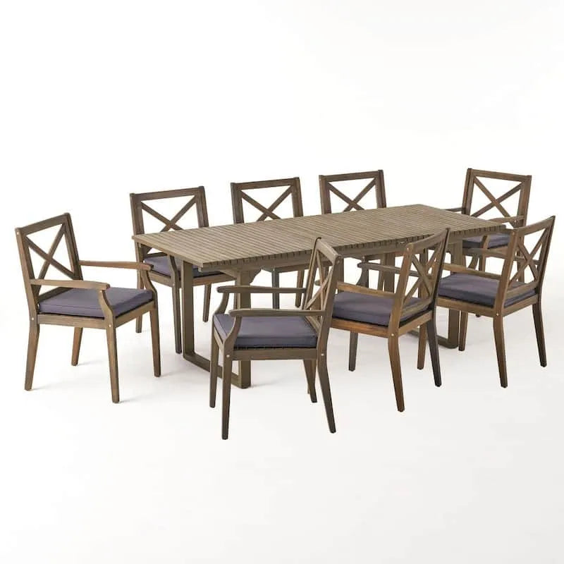 9 pièces Ensemble de repas en bois rectangulaire extérieur 9 pièces, 30 po, Gris, 30 in