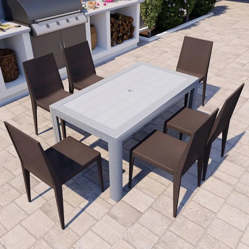 Table à manger 7-Pcs, empilable, patio, blanc/brun, Mace