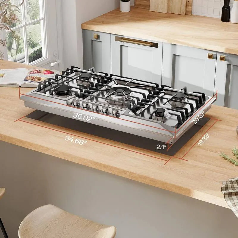 Cuisinière à gaz 5-Burners, 36 po, Acier inoxydable, Surface de cuisson de comptoir de la Burner scellée, 36 in, Acier inoxydable-36gc23, Tables de cuisson à gaz